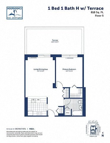 Floor plan for 1 bed, 1 bath, 810 sqft