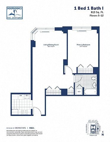 Floor plan for 1 bed, 1 bath, 813 sqft