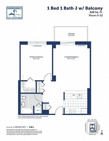 Floor plan for 1 bed, 1 bath, 820 sqft