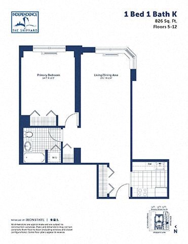 Floor plan for 1 bed, 1 bath, 826 sqft
