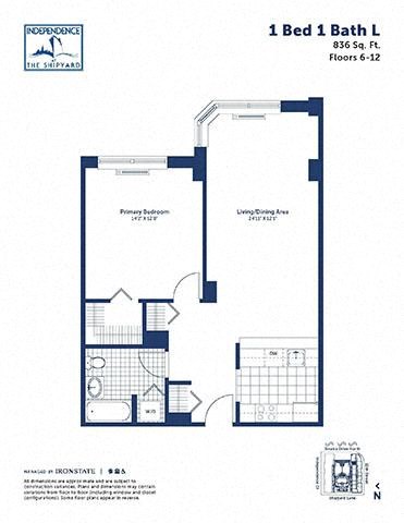 Floor plan for 1 bed, 1 bath, 836 sqft