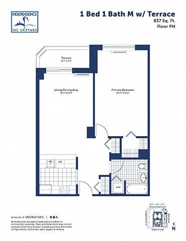 Floor plan for 1 bed, 1 bath, 837 sqft
