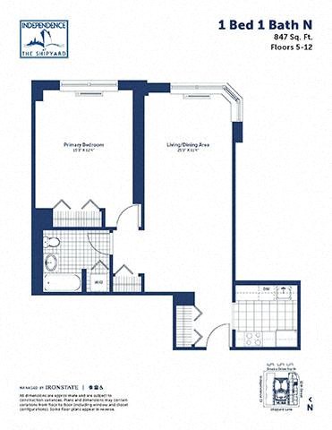 Floor plan for 1 bed, 1 bath, 847 sqft
