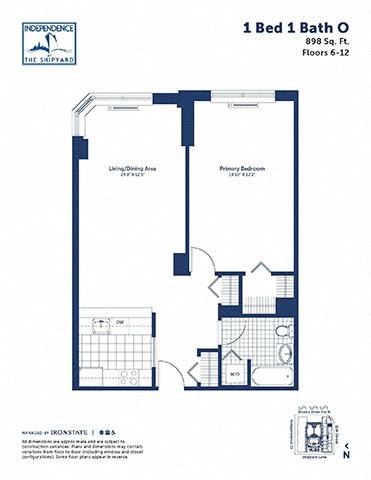 Floor plan for 1 bed, 1 bath, 898 sqft