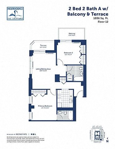 Floor plan for 2 beds, 2 baths, 1036 sqft