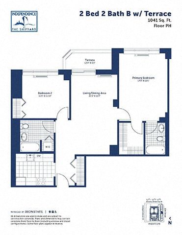 Floor plan for 2 beds, 2 baths, 1041 sqft