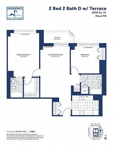 Floor plan for 2 beds, 2 baths, 1078 sqft
