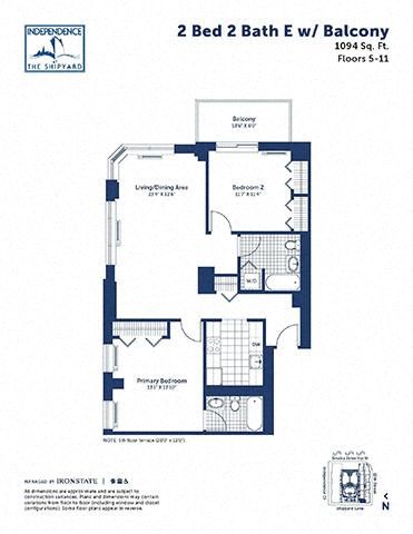 Floor plan for 2 beds, 2 baths, 1094 sqft