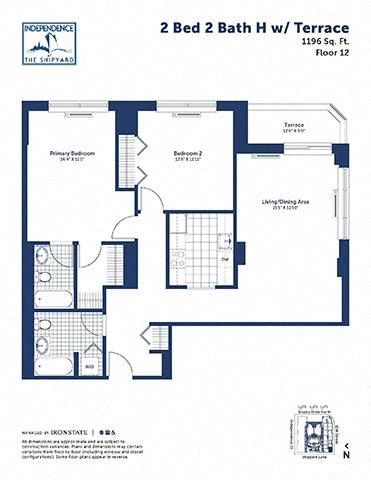 Floor plan for 2 beds, 2 baths, 1196 sqft