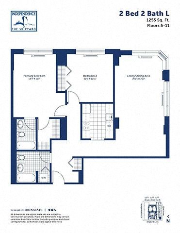 Floor plan for 2 beds, 2 baths, 1255 sqft