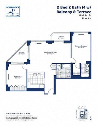 Floor plan for 2 beds, 2 baths, 1298 sqft