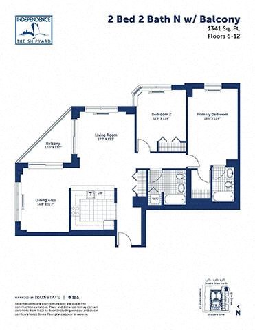 Floor plan for 2 beds, 2 baths, 1341 sqft