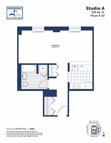 Floor plan for studio, 1 bath, 579 sqft