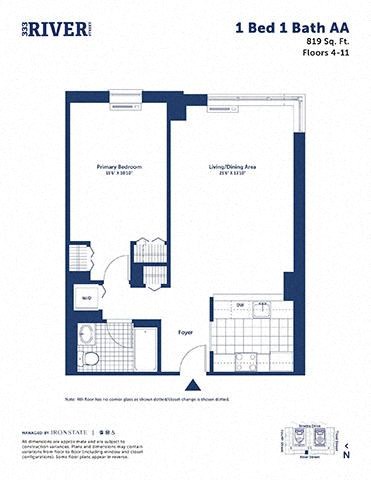 Floor plan for 1 bed, 1 bath, 819 sqft