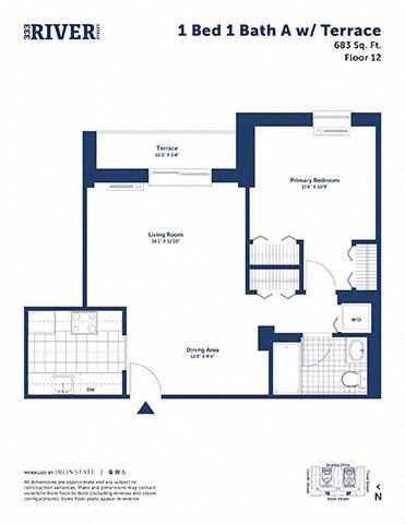 Floor plan for 1 bed, 1 bath, 683 sqft