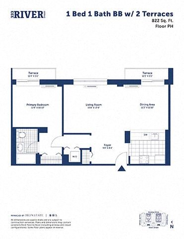 Floor plan for 1 bed, 1 bath, 822 sqft