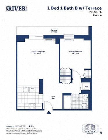 Floor plan for 1 bed, 1 bath, 701 sqft