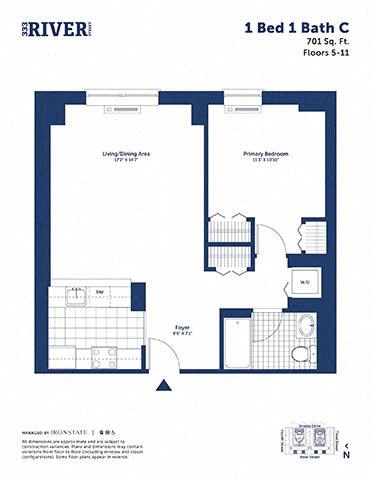 Floor plan for 1 bed, 1 bath, 701 sqft