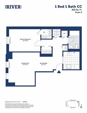 Floor plan for 1 bed, 1 bath, 829 sqft