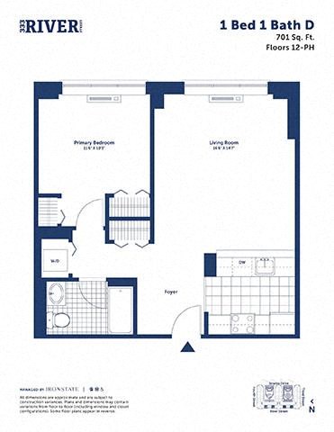 Floor plan for 1 bed, 1 bath, 701 sqft