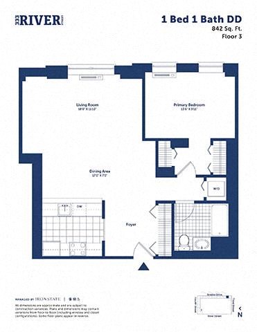 Floor plan for 1 bed, 1 bath, 842 sqft