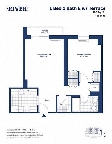 Floor plan for 1 bed, 1 bath, 710 sqft