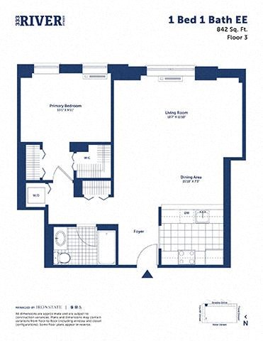 Floor plan for 1 bed, 1 bath, 842 sqft