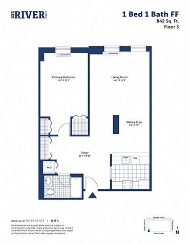Floor plan for 1 bed, 1 bath, 842 sqft