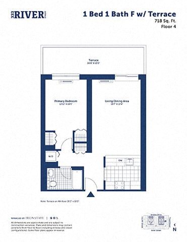 Floor plan for 1 bed, 1 bath, 718 sqft