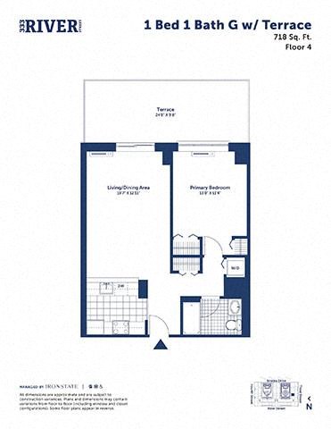 Floor plan for 1 bed, 1 bath, 718 sqft