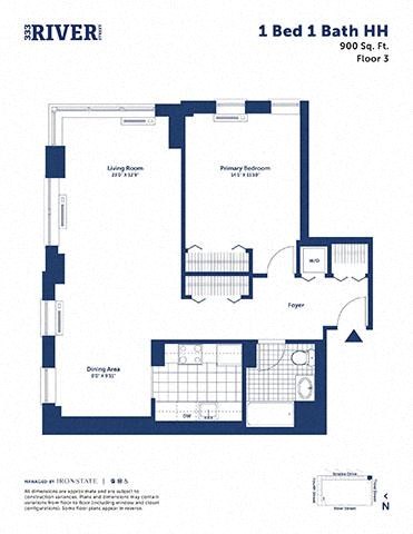 Floor plan for 1 bed, 1 bath, 900 sqft
