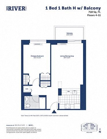 Floor plan for 1 bed, 1 bath, 718 sqft