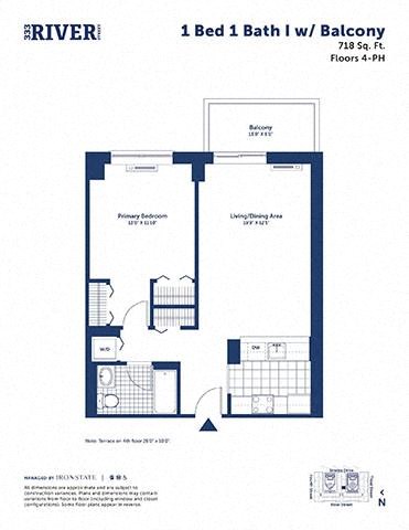 Floor plan for 1 bed, 1 bath, 718 sqft