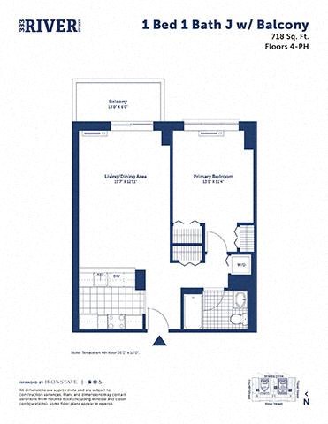 Floor plan for 1 bed, 1 bath, 718 sqft
