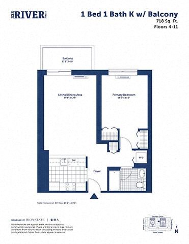 Floor plan for 1 bed, 1 bath, 718 sqft