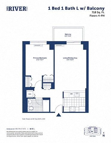 Floor plan for 1 bed, 1 bath, 718 sqft