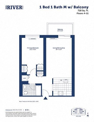 Floor plan for 1 bed, 1 bath, 718 sqft