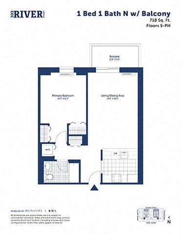 Floor plan for 1 bed, 1 bath, 718 sqft