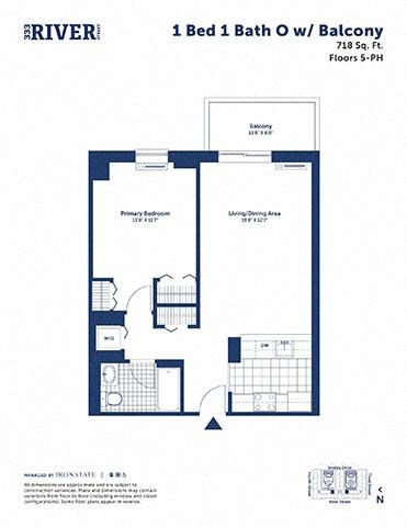Floor plan for 1 bed, 1 bath, 718 sqft