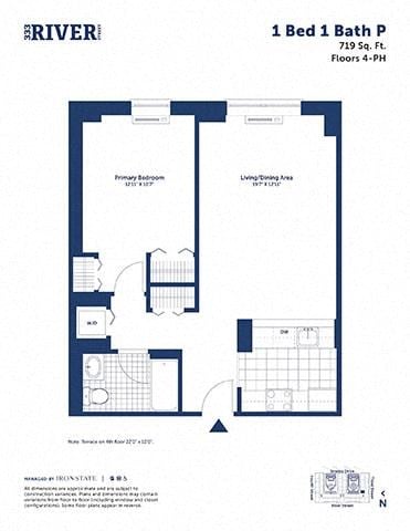 Floor plan for 1 bed, 1 bath, 719 sqft
