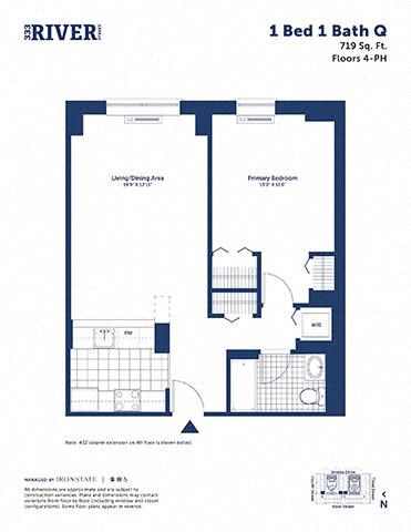 Floor plan for 1 bed, 1 bath, 719 sqft