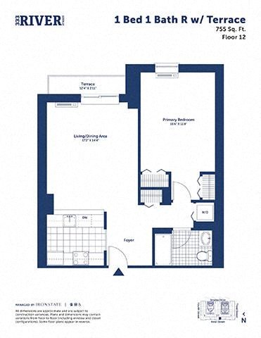 Floor plan for 1 bed, 1 bath, 755 sqft