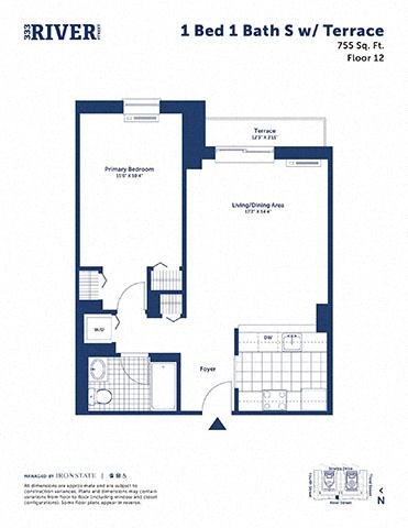 Floor plan for 1 bed, 1 bath, 755 sqft
