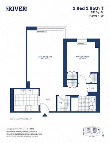 Floor plan for 1 bed, 1 bath, 761 sqft