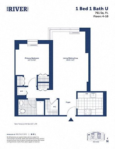 Floor plan for 1 bed, 1 bath, 761 sqft