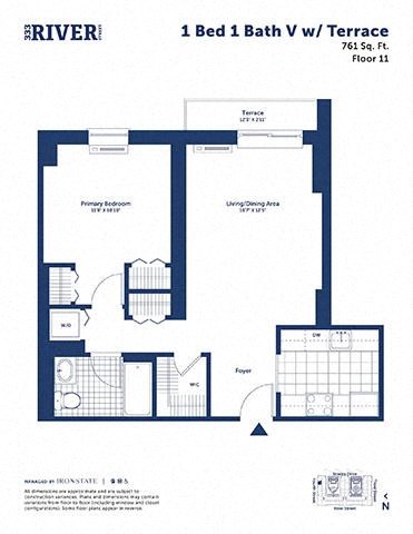 Floor plan for 1 bed, 1 bath, 761 sqft