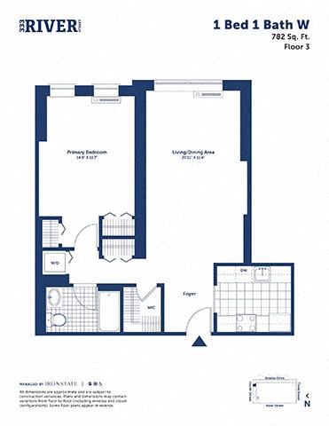 Floor plan for 1 bed, 1 bath, 782 sqft