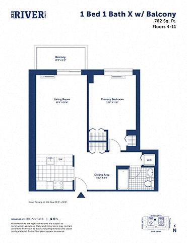 Floor plan for 1 bed, 1 bath, 782 sqft