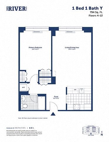 Floor plan for 1 bed, 1 bath, 794 sqft