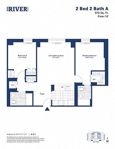 Floor plan for 2 beds, 2 baths, 972 sqft
